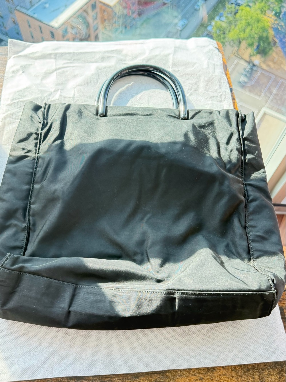 Prada Vintage Tessuto Black Nylon Tote Bag Clear Lucite Plastic Handles Y2K - Picture 3 of 6